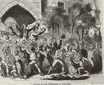 So called "bread riot" outside Stockport Workhouse in the 1840's. 