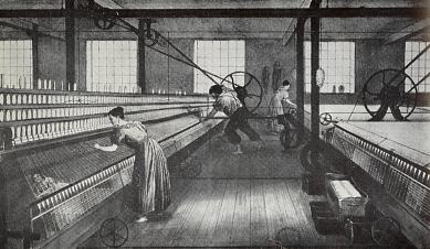 Two mule spinning machines in an 1840's cotton mill. Note the child under the machine on the left, picking up waste.